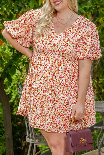Plus Size Floral Print Puff Sleeves Dress - Plus Size XL-4XL - View 5