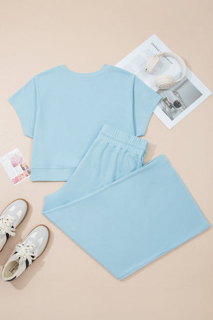 Plus Size Ribbed Short Sleeve Top and Drawstring Pants Set - Plus Size Clothing