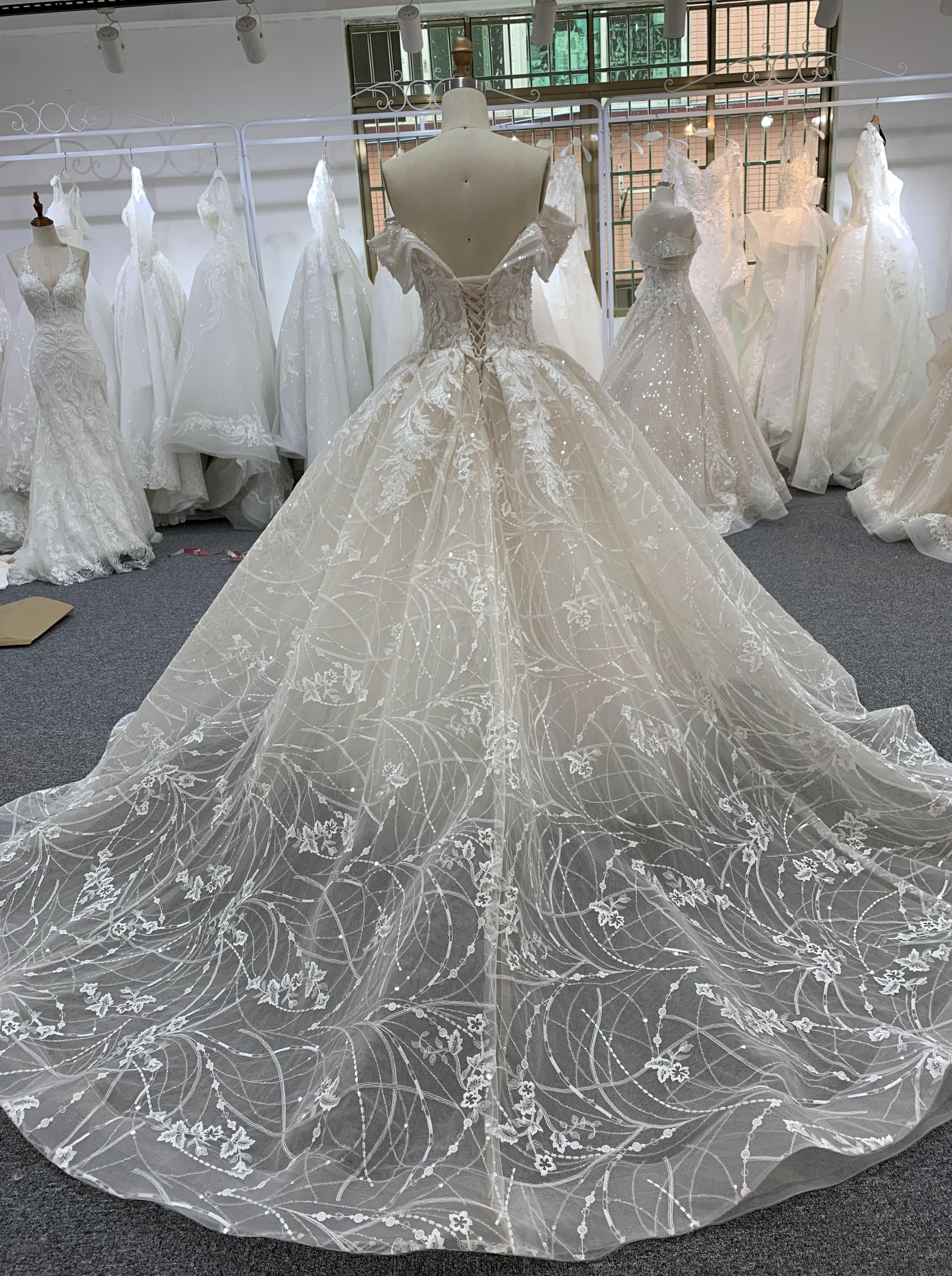 BYG beautiful full lace off the shoulder champagne wedding gown Ball gown wedding dress BYG Wedding Factory 