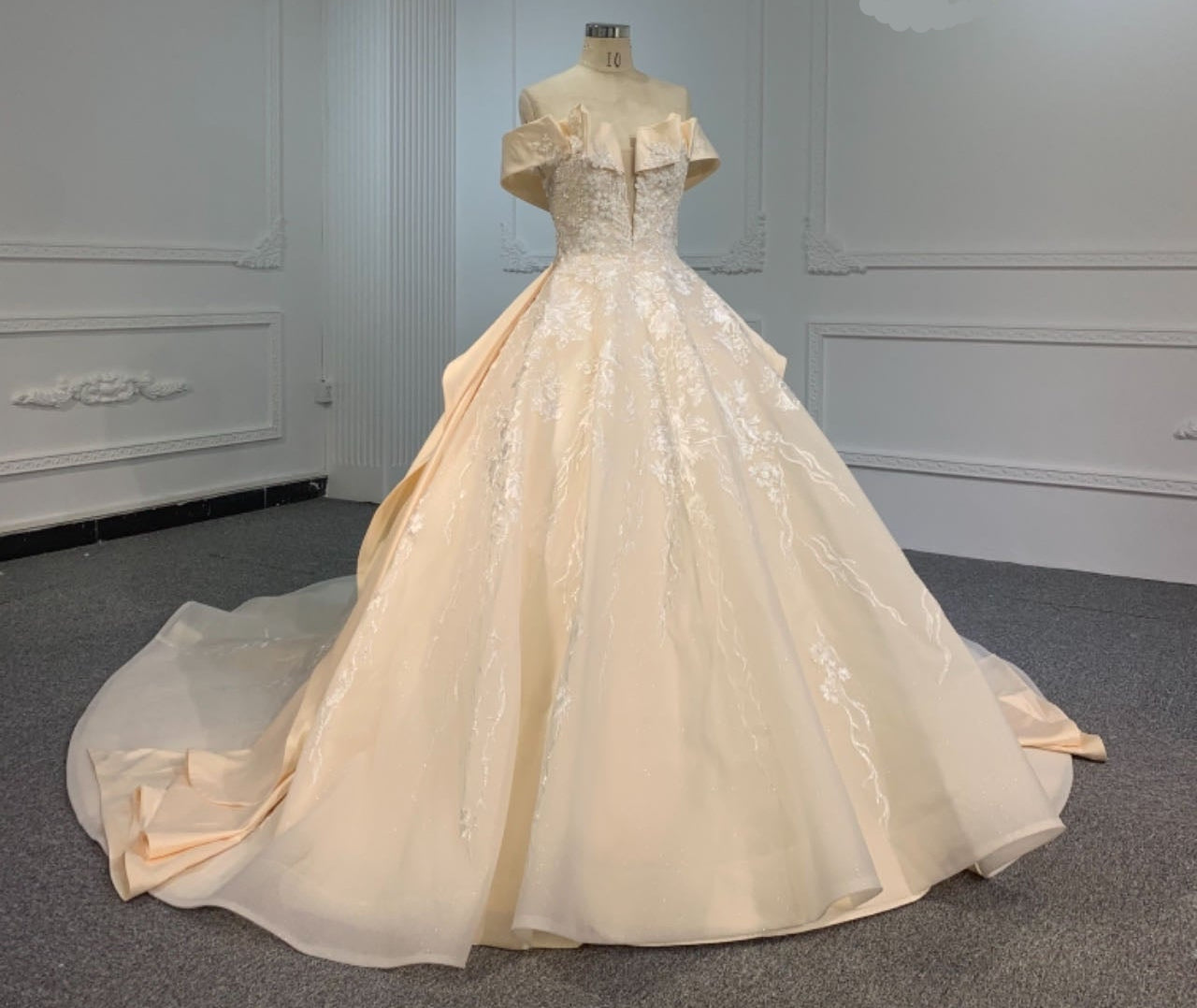 A luxury ball gown wedding dress with beading and lace details, a built-in bra, back strap, and sleeves, displayed in an ivory color.