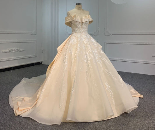 A luxury ball gown wedding dress with beading and lace details, a built-in bra, back strap, and sleeves, displayed in an ivory color.