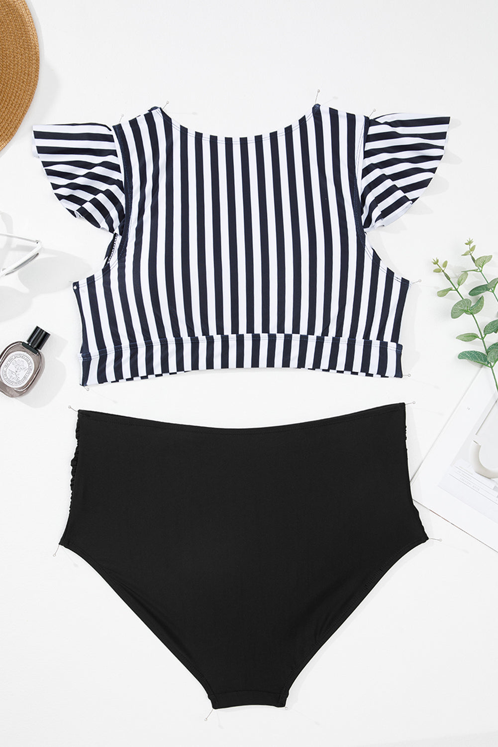 Plus Size Knot Cutout Ruffle Sleeve 2pcs Swimsuit