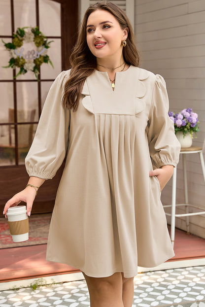 Plus Size Notched Neck Scallop Detail Mini Dress - Plus Size XL-4XL - View 1