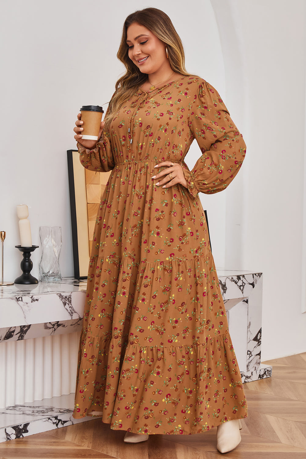Plus Size Floral Split V Neck Ruffled Tiered Maxi Dress - Plus Size XL-4XL - View 6