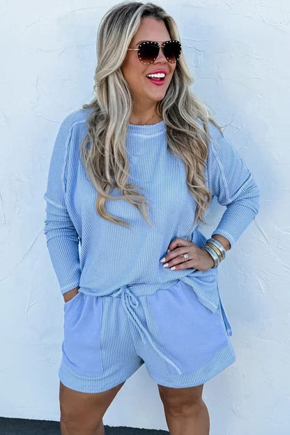 Plus Size Ribbed Long Sleeve Top and Shorts Set