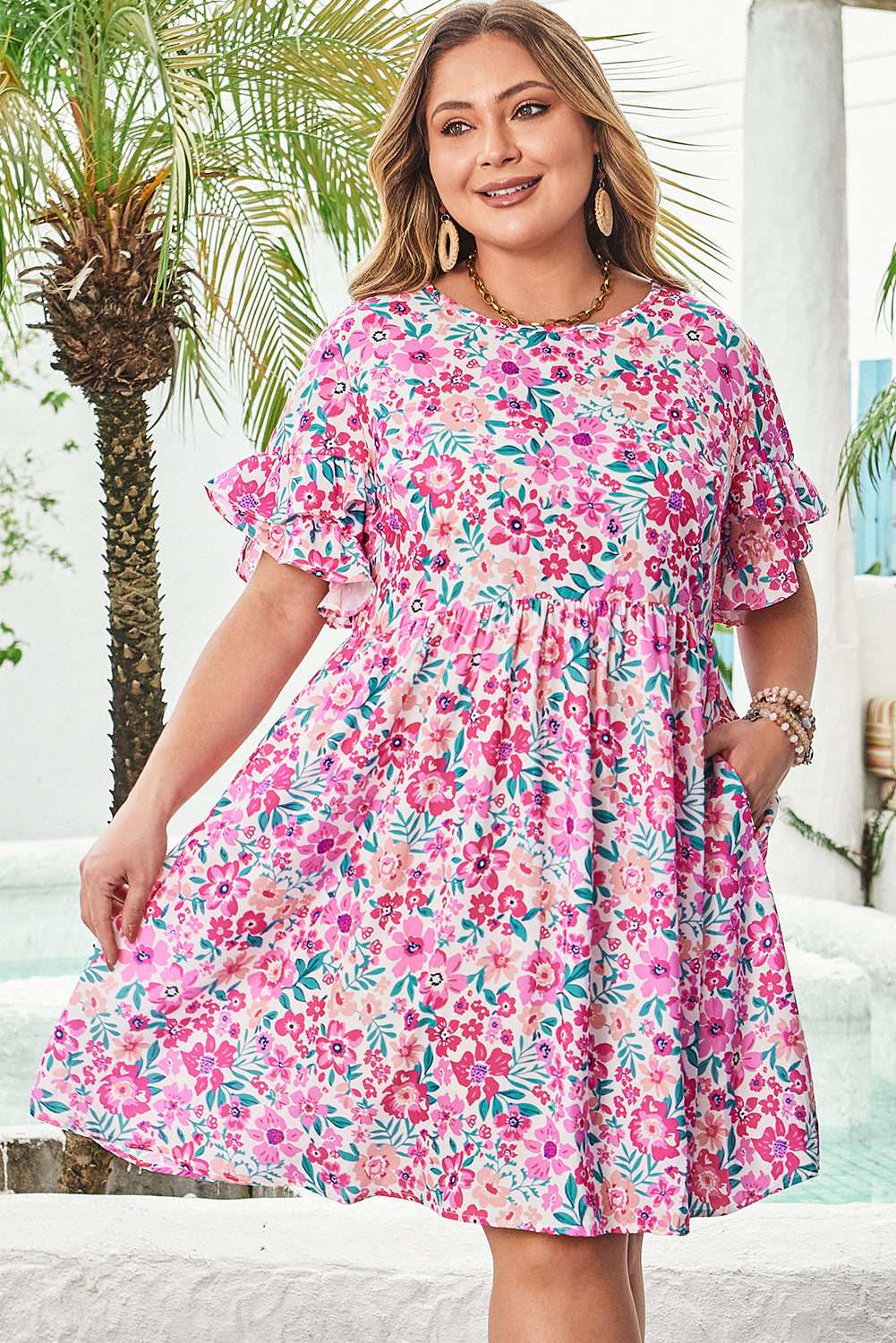 Plus Size White Floral Frilled Flare Dress
