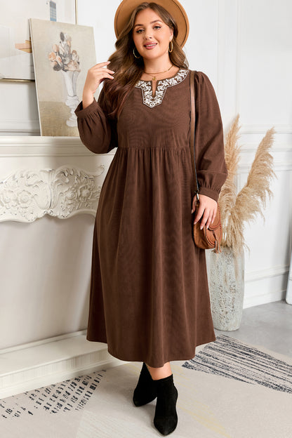 Plus Size Embroidered Notched Neck Pleated Midi Dress - Plus Size XL-4XL - View 1