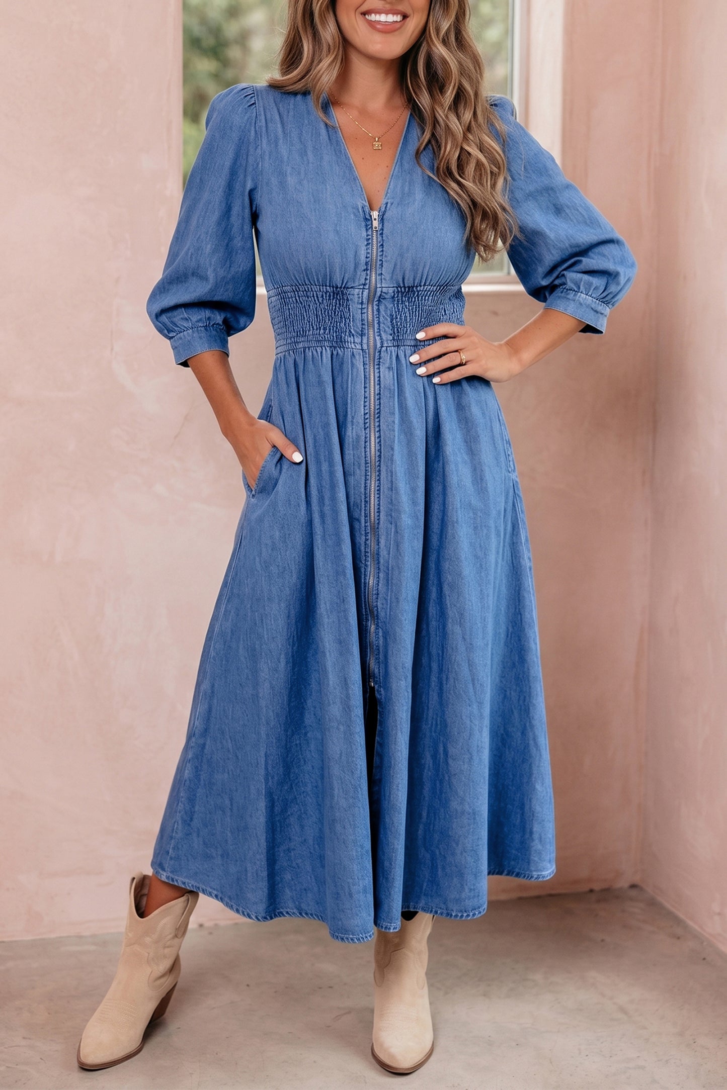 Plus Size V Neck Shirred Waist Denim Midi Dress — front view