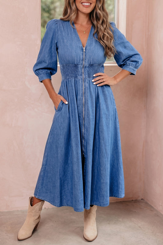 Plus Size V Neck Shirred Waist Denim Midi Dress — front view