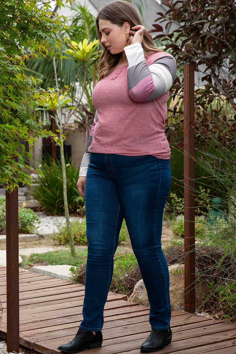 Plus Size Candy Striping Mock Henley Top