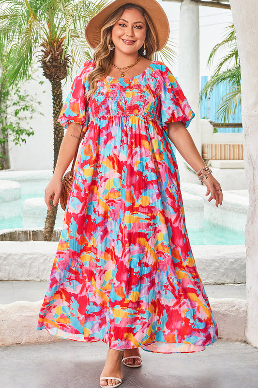 Plus Size Rose Abstract Puff Sleeve Square Neck Dress