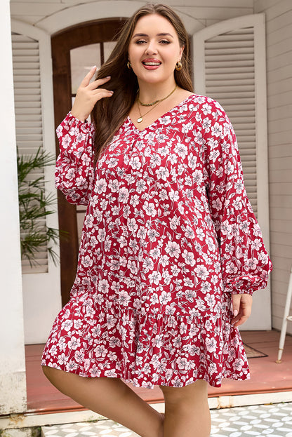 Plus Size Floral Balloon Sleeve V Neck Dress - Plus Size XL-4XL - View 4