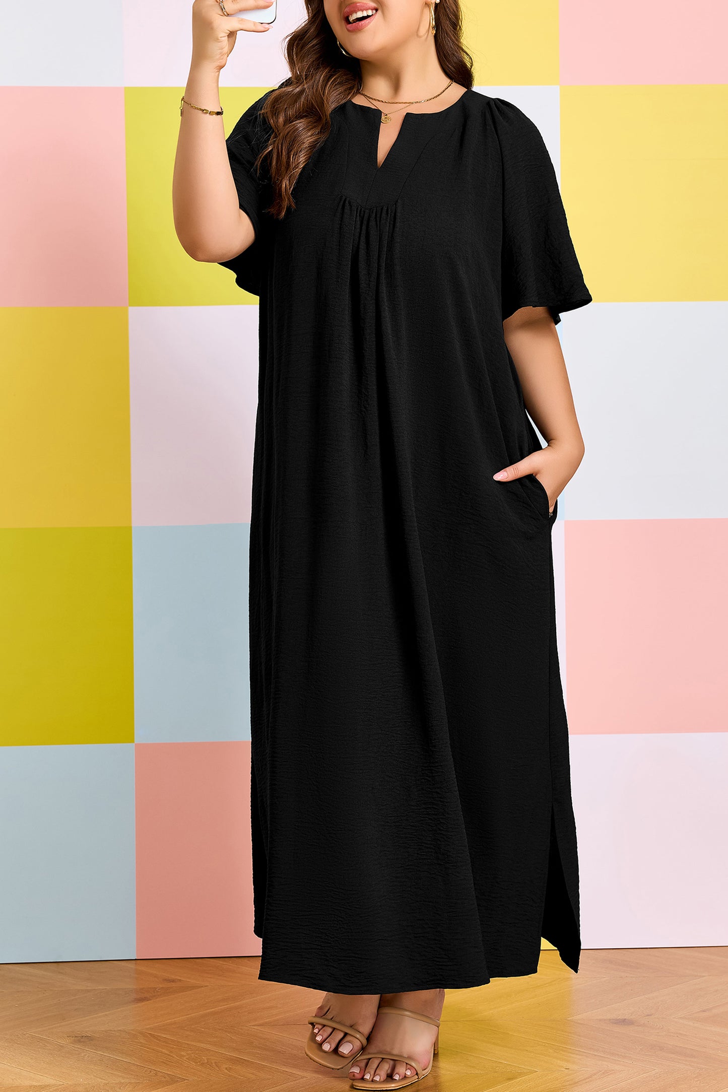Plus Size Solid Notched Neck Short Sleeve Loose Dress - Plus Size XL-4XL - View 8