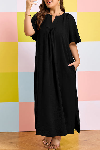 Plus Size Solid Notched Neck Short Sleeve Loose Dress - Plus Size XL-4XL - View 8