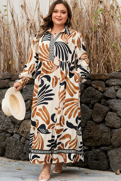 Plus Size Abstract Print Contrast Collar Shift Dress - Plus Size XL-4XL - View 6