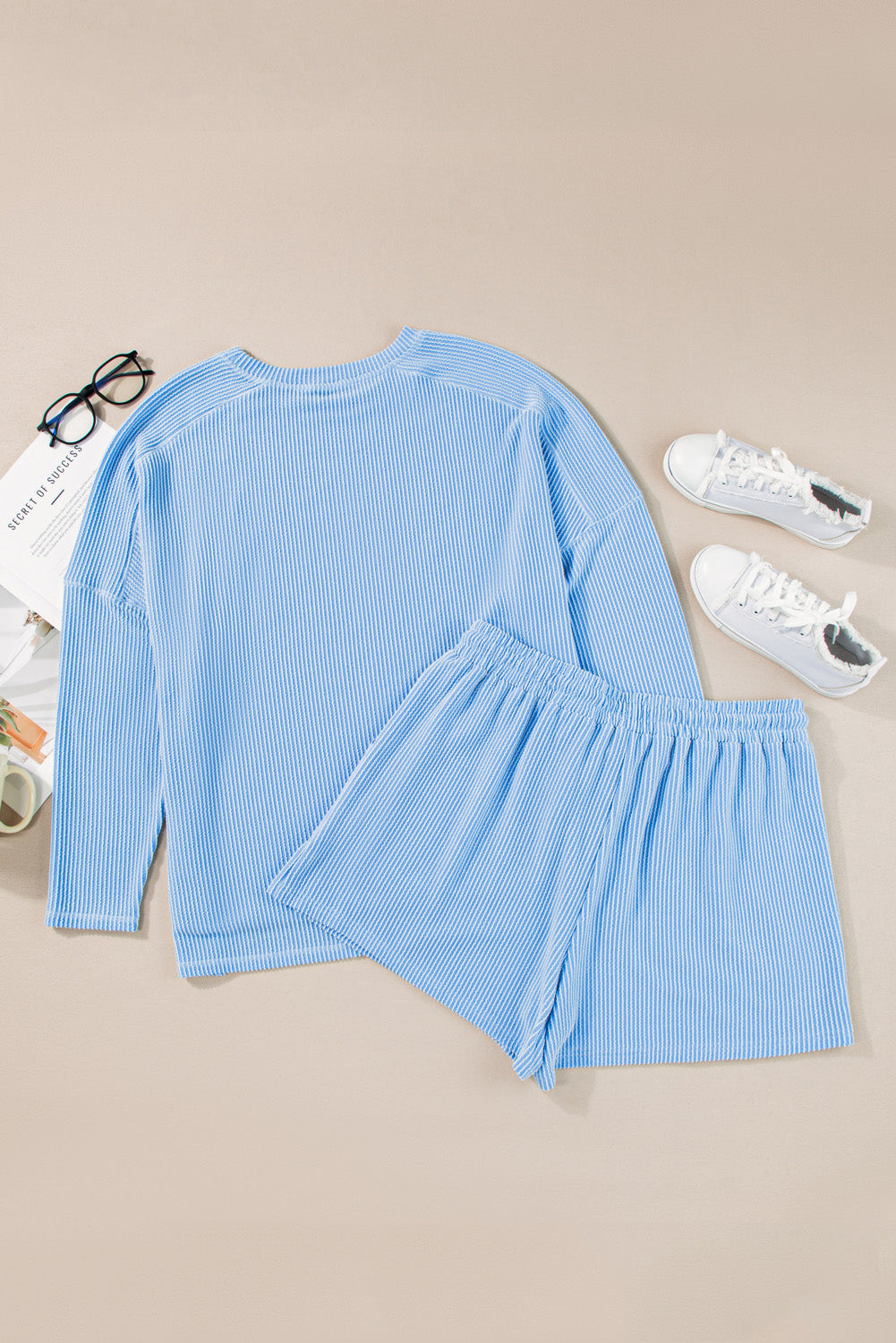 Plus Size Ribbed Long Sleeve Top and Shorts Set
