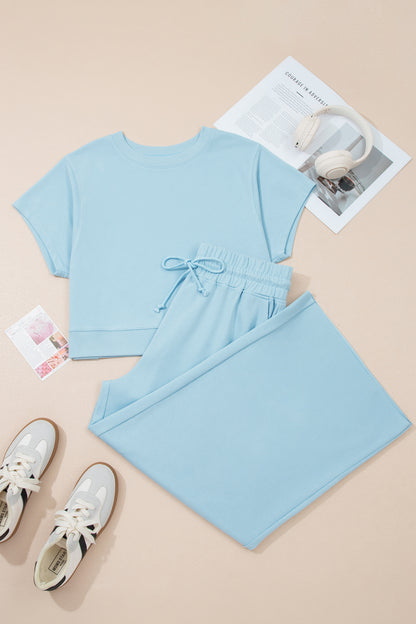 Plus Size Ribbed Short Sleeve Top and Drawstring Pants Set - Plus Size Clothing