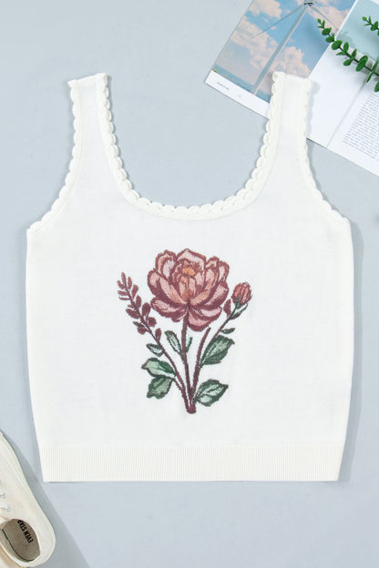 Plus Size Floral Scalloped Trim Square Neck Sweater Vest - Plus Size Clothing