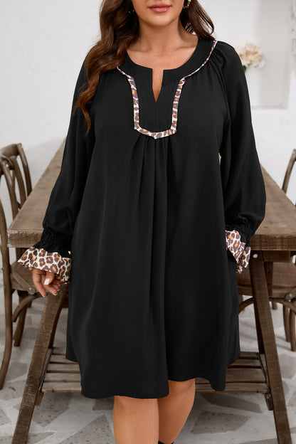 Plus Size Notched Neck Leopard Trim Flounce Dress - Plus Size XL-4XL - View 7