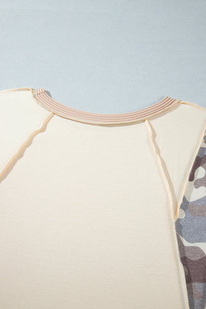 Plus Size Camo Panel Twist Rib Sleeve Blouse - Plus Size Clothing