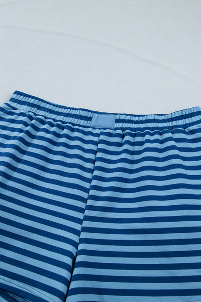 Plus Size Blue Striped Dropped Shoulder Tee and Shorts Set - Plus Size XL-4XL - View 8