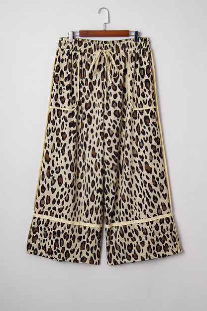 Plus Size Leopard Wide Leg Drawstring Pants