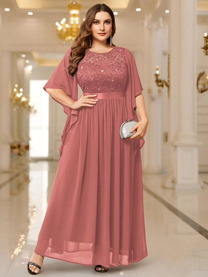 Elegant Lace-Trimmed Chiffon Maxi Dress with Butterfly Sleeves - Plus Size Clothing