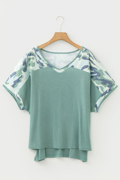 Plus Size Ribbed Camo Patchwork V Neck Tee - Plus Size Clothing