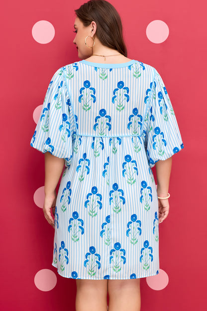 Plus Size Floral Striped Bubble Sleeve Dress - Plus Size XL-4XL - View 2