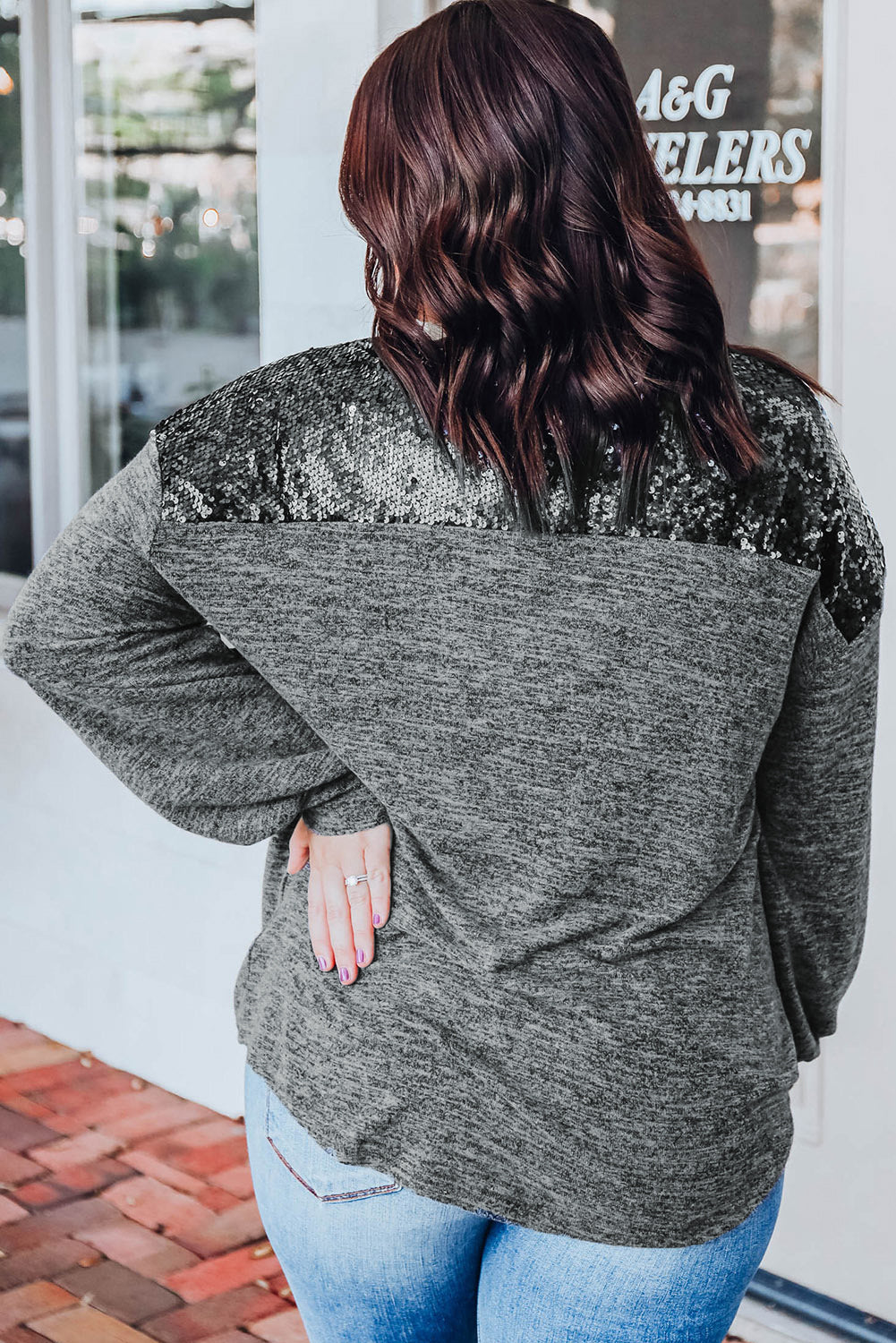 Plus Size Gray Sequin Patchwork Long Sleeve Top