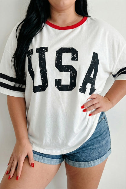 Plus Size Retro USA Striped Trim Short Sleeve Tee - Plus Size Clothing