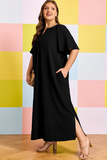 Plus Size Solid Notched Neck Short Sleeve Loose Dress - Plus Size XL-4XL - View 3