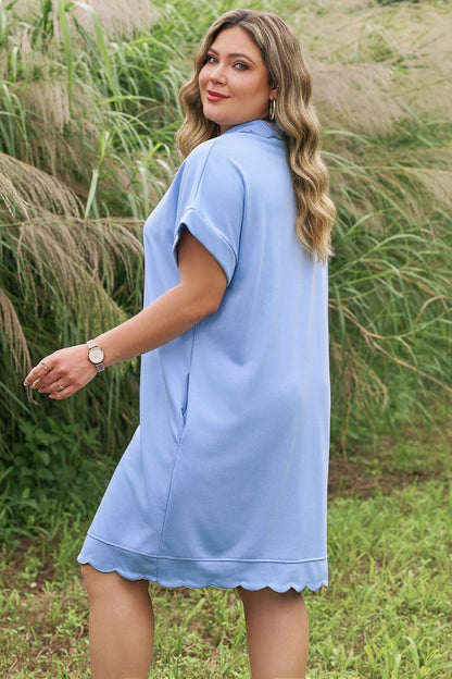 Plus Size Solid Scalloped Hem Button Neck Mini Dress - Plus Size XL-4XL - View 2