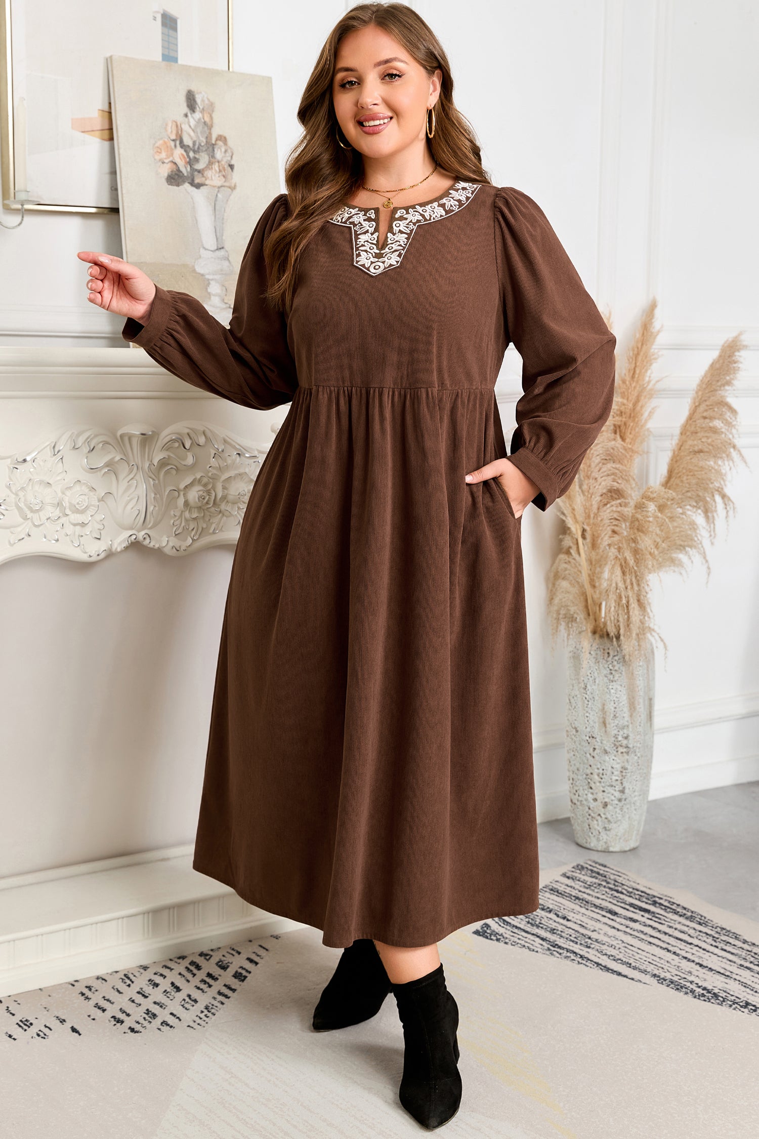 Plus Size Embroidered Notched Neck Pleated Midi Dress - Plus Size XL-4XL - View 5