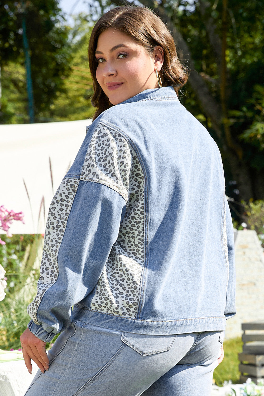 Plus Size Leopard Patchwork Denim Jacket — back view