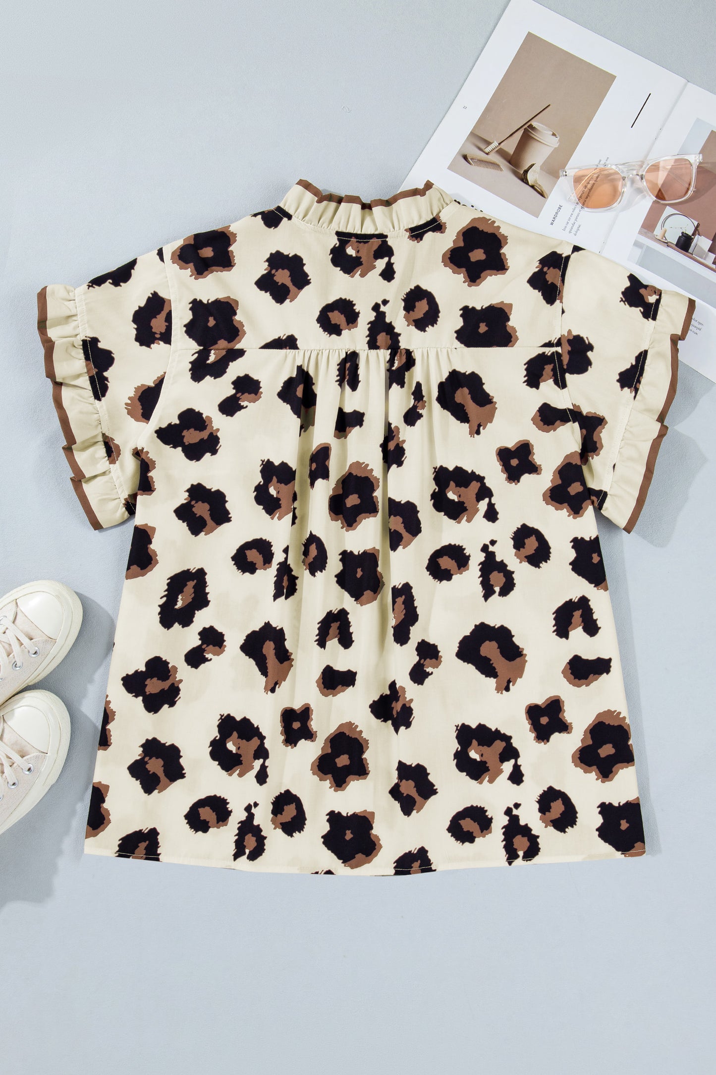 Plus Size Leopard Print Color Block Frilled Blouse