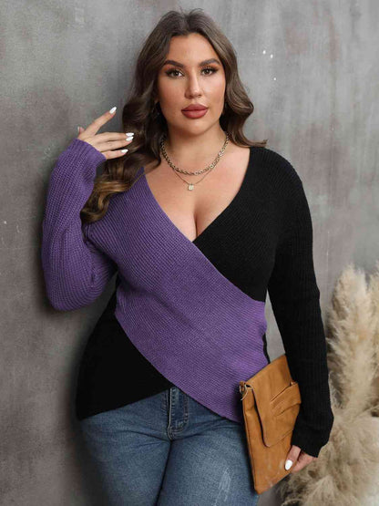plus-size-two-tone-surplice-neck-sweater