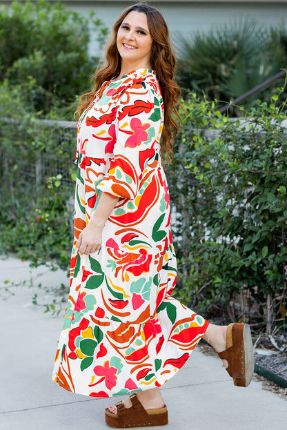 Plus Size Orange Floral Print Drawstring V Neck Tiered Dress - Plus Size XL-4XL - View 3