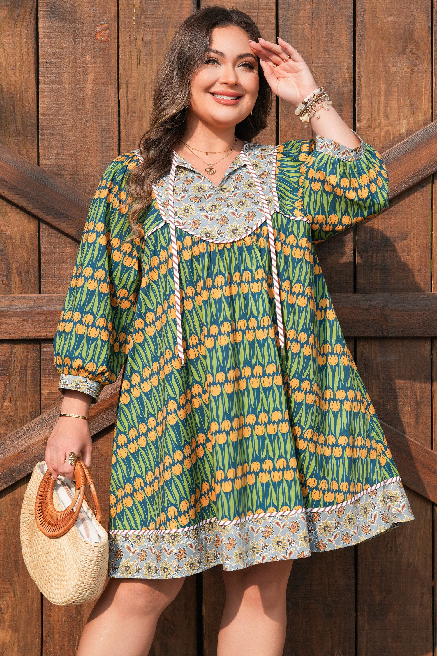 Plus Size Mixed Floral Print Striped Trim Mini Dress - Plus Size XL-4XL - View 4