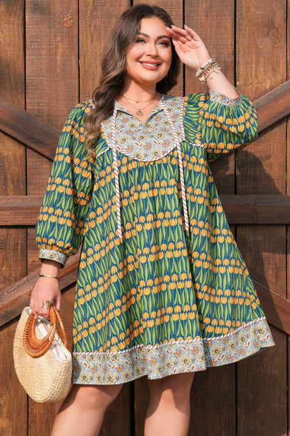 Plus Size Mixed Floral Print Striped Trim Mini Dress - Plus Size XL-4XL - View 4