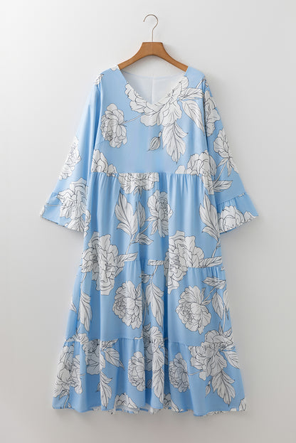 Plus Size Floral Bracelet Sleeve V Neck Tiered Maxi Dress - Plus Size XL-4XL - View 8