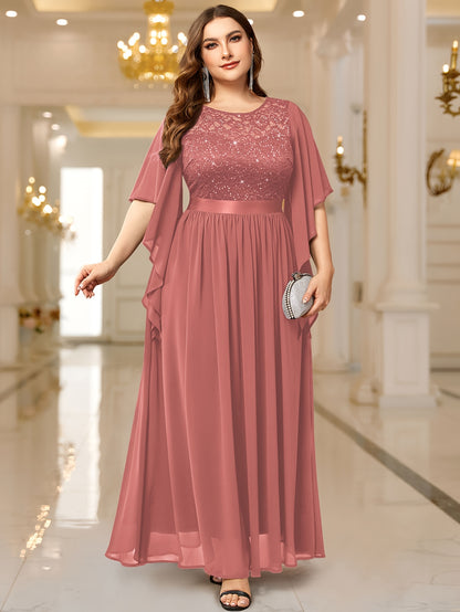 Elegant Lace-Trimmed Chiffon Maxi Dress with Butterfly Sleeves - Plus Size Clothing