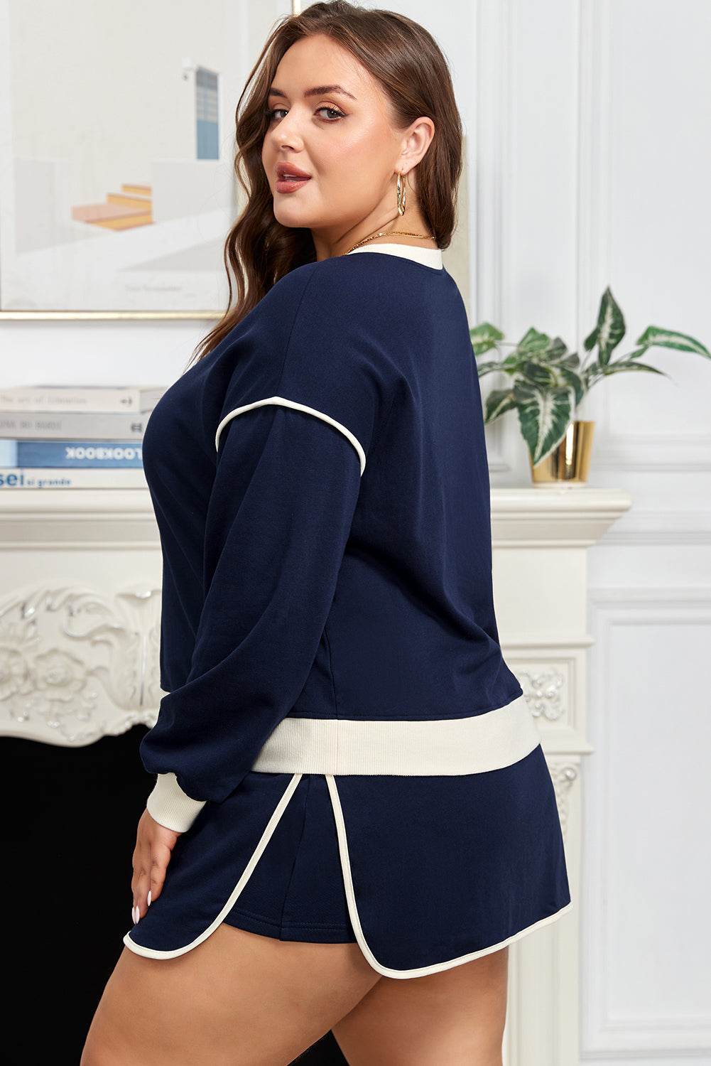 Plus Size Color Block Drop Shoulder Top and Lace-Up Skirt Set - Plus Size XL-4XL - View 3