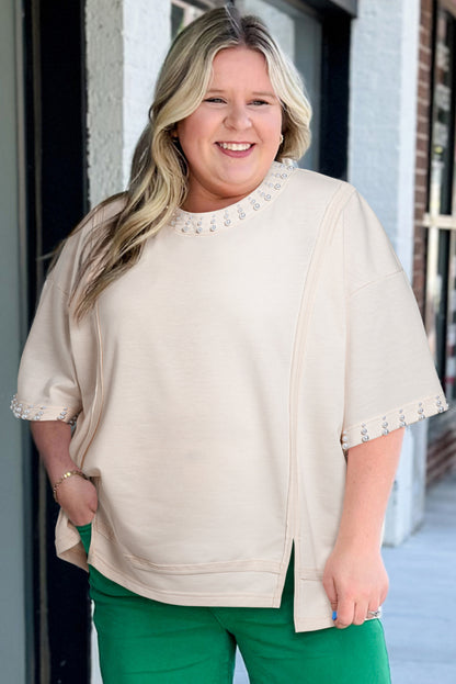 Plus Size Pearl Decor Crew Neck Half Sleeve T Shirt