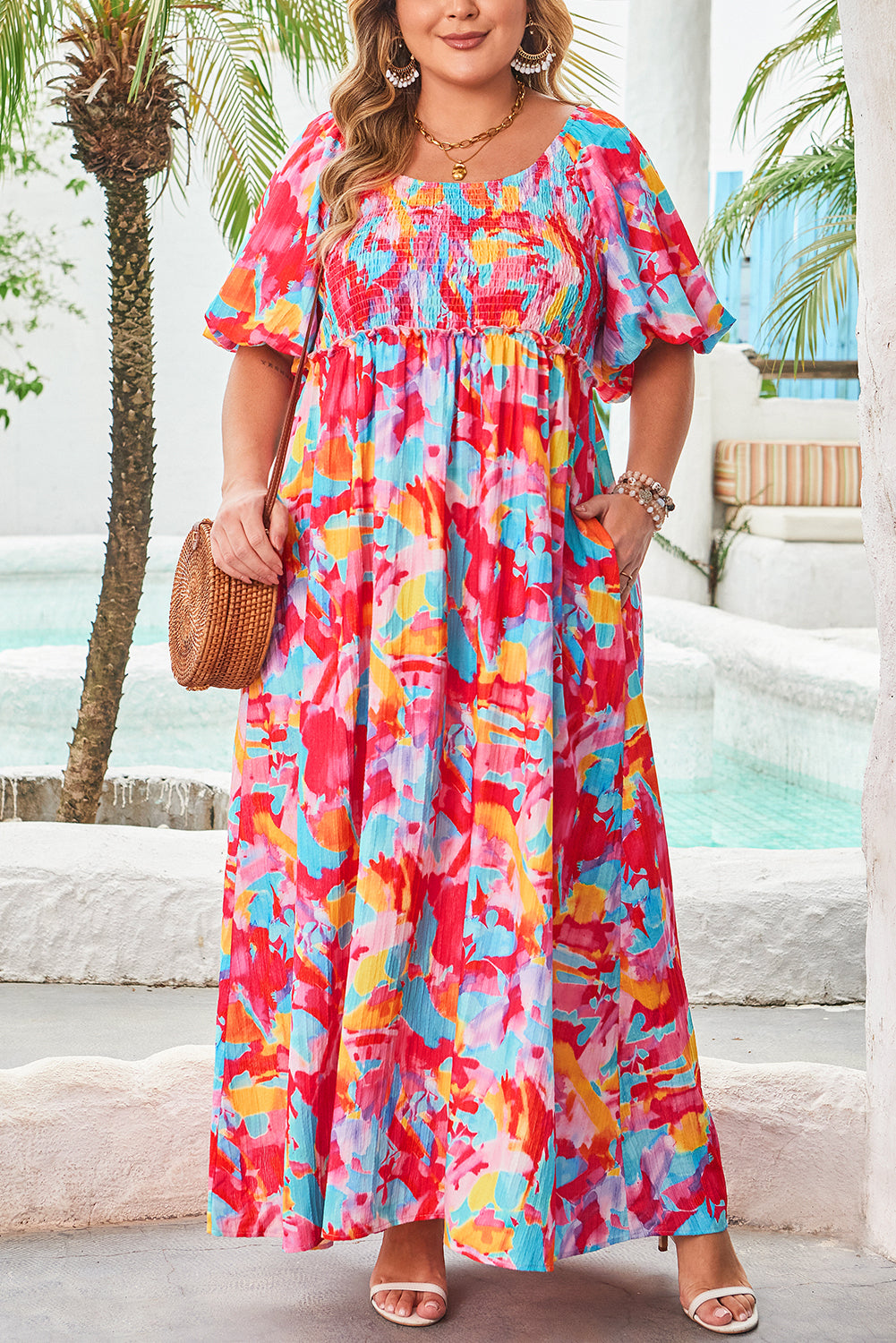 Plus Size Rose Abstract Puff Sleeve Square Neck Dress