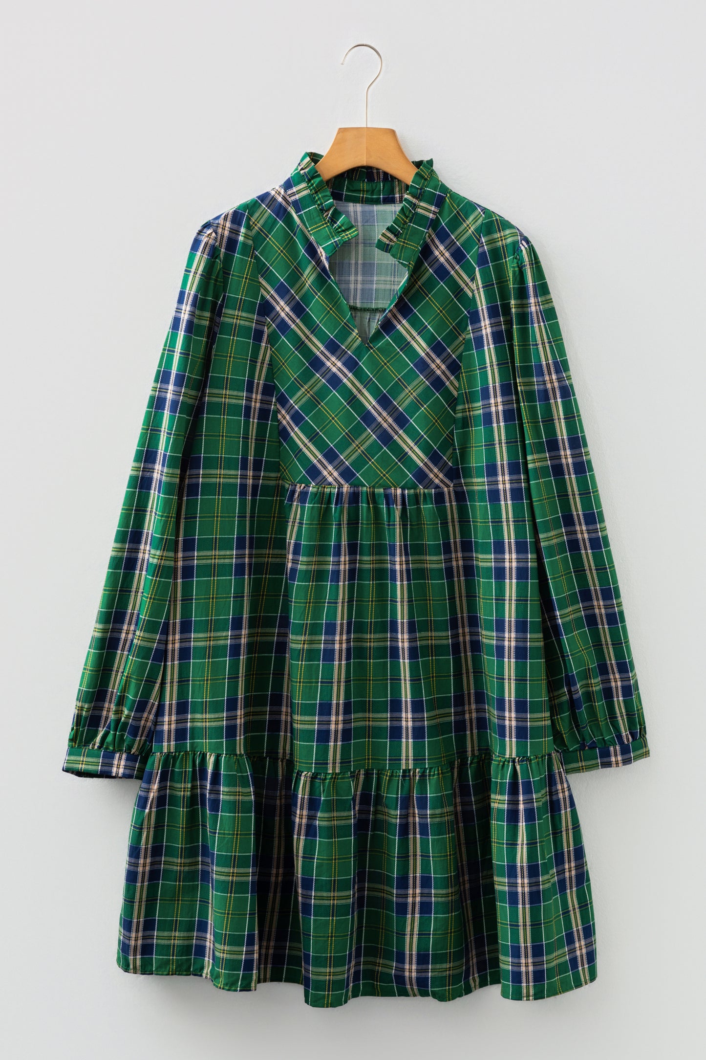 Plus Size Green Plaid Long Sleeve Notched Neck Shift Mini Dress - Plus Size XL-4XL - View 2