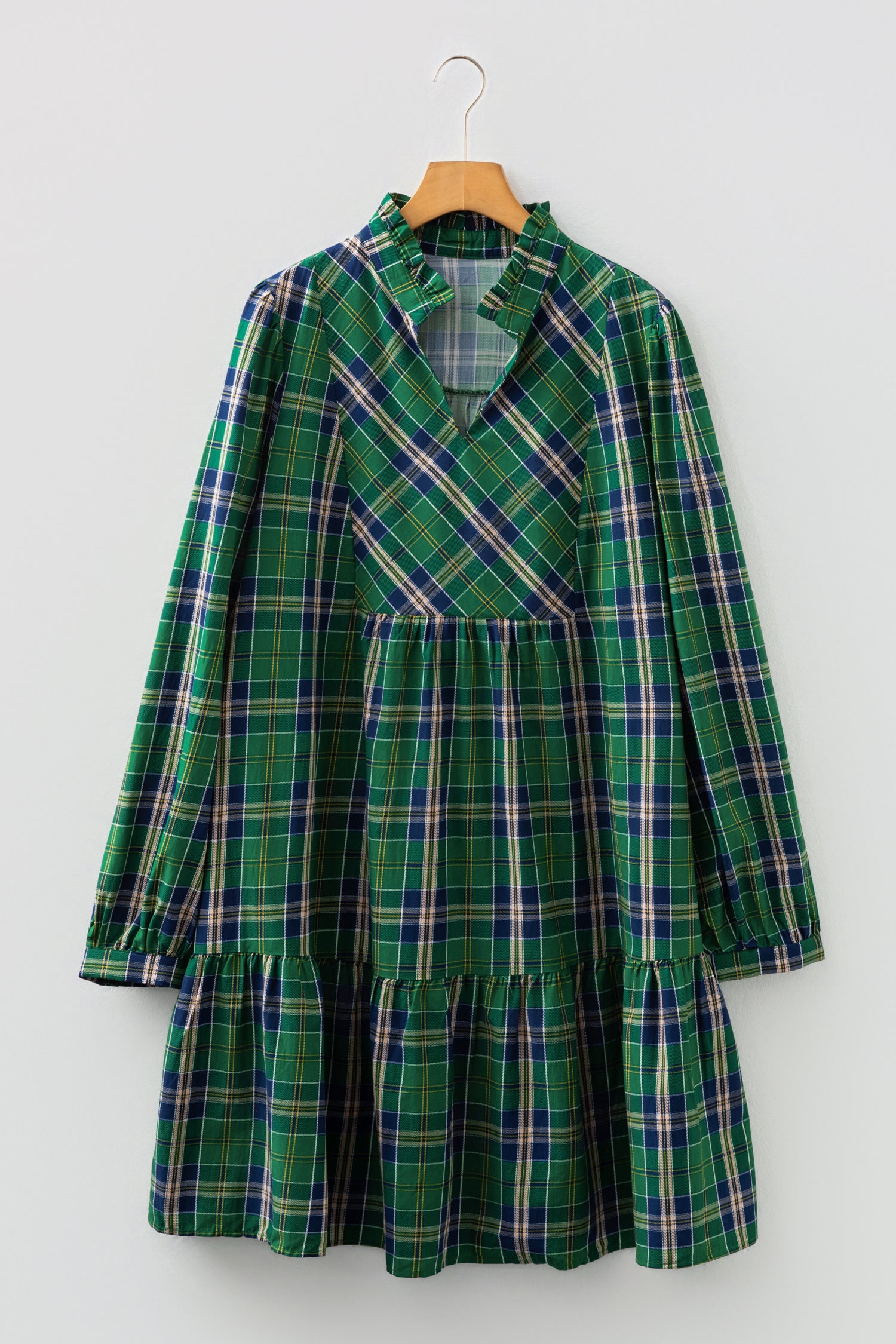 Plus Size Green Plaid Long Sleeve Notched Neck Shift Mini Dress - Plus Size XL-4XL - View 2