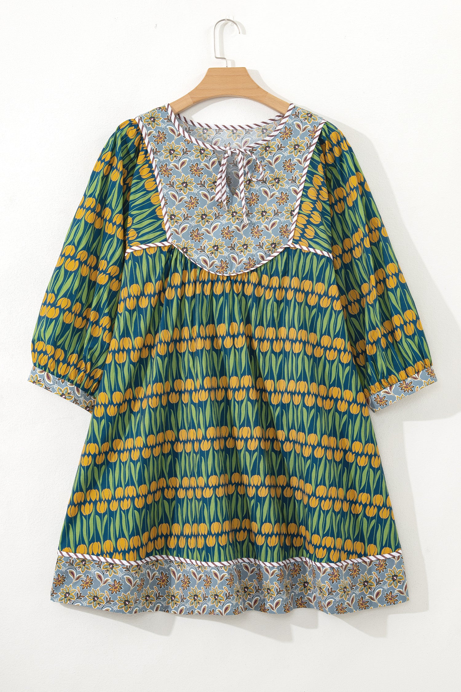 Plus Size Mixed Floral Print Striped Trim Mini Dress - Plus Size XL-4XL - View 8