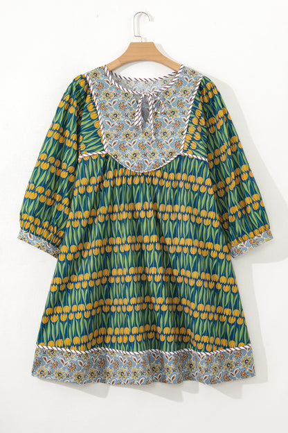 Plus Size Mixed Floral Print Striped Trim Mini Dress - Plus Size XL-4XL - View 8