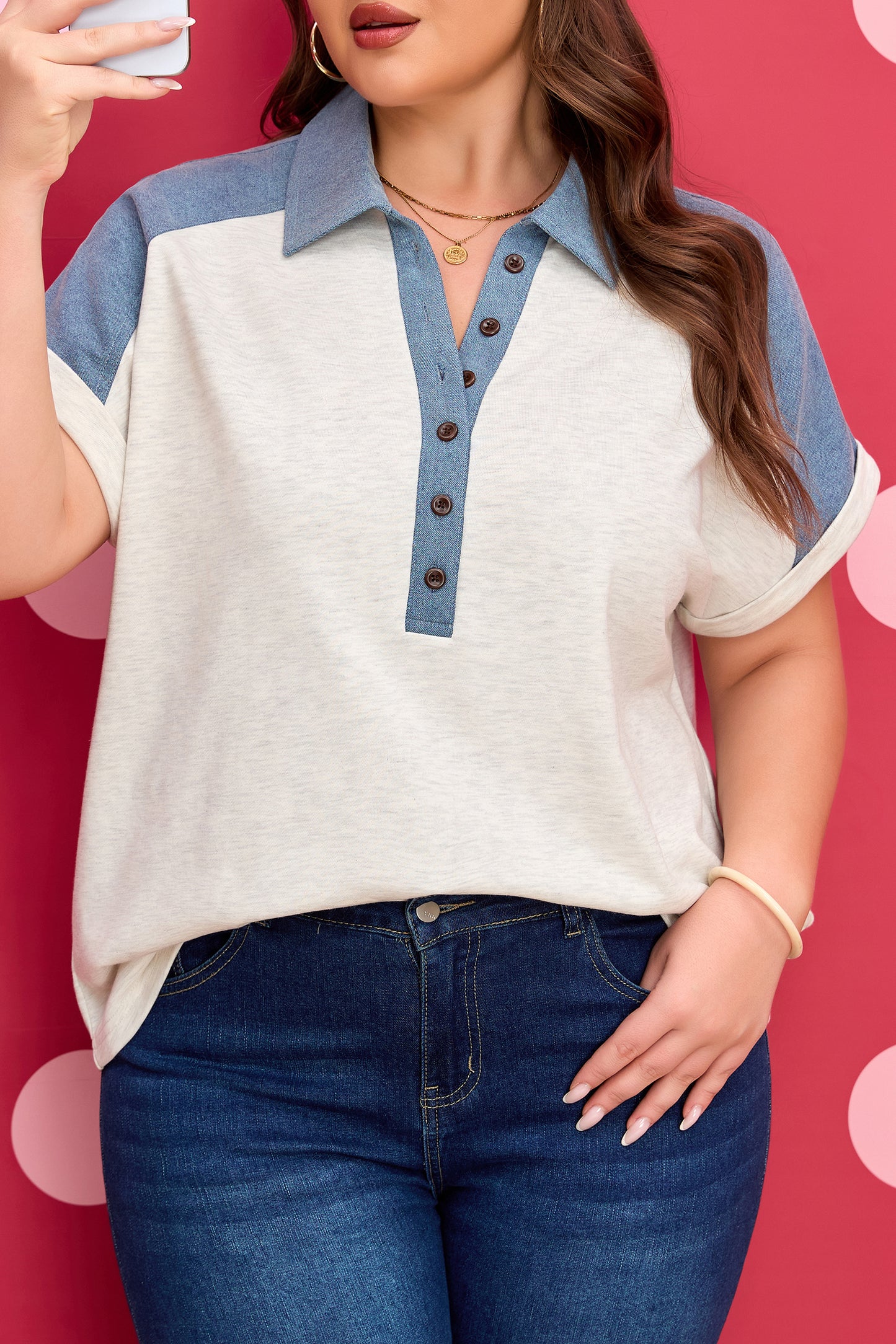 Plus Size Contrast Denim Patchwork Cuffed Sleeve Polo Tee